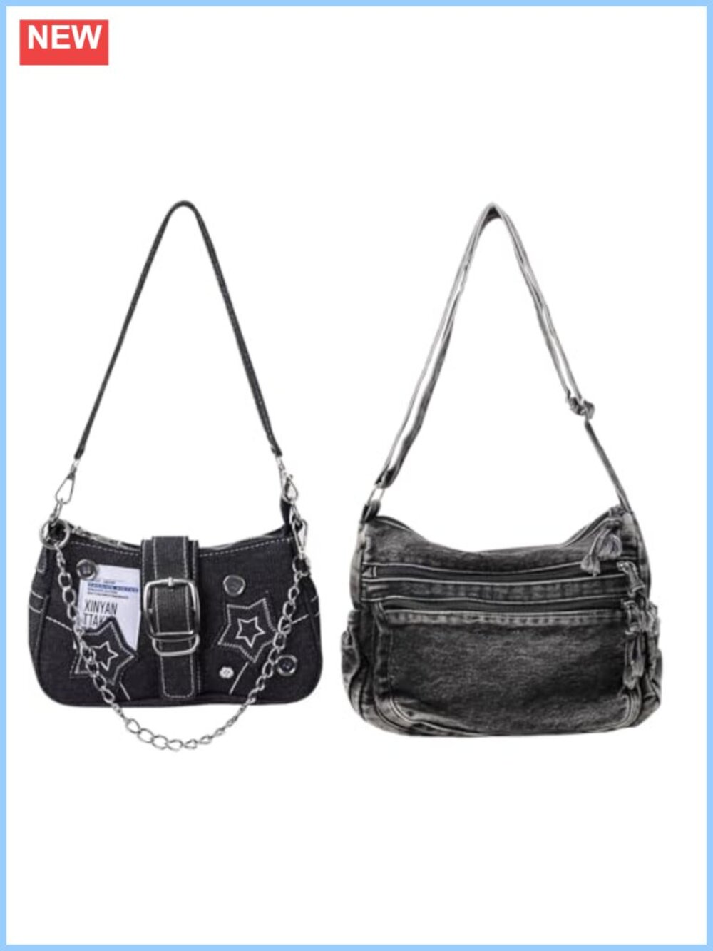 Denim Shoulder Bag Grunge Y2K Chain Strap Star Accent Crossbody